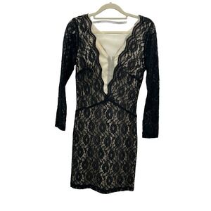 Lucy Paris Lace Dress Womens Small Black Nude Long Sleeve Deep V Cocktail